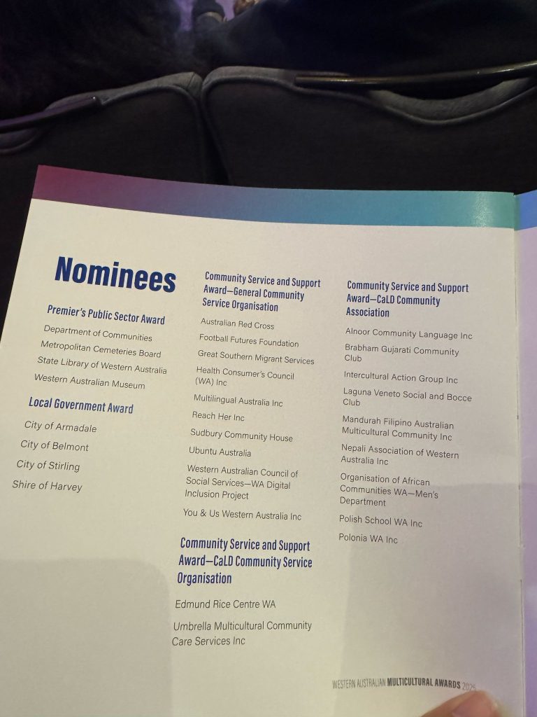 A picture of a page from the Multicultural Awards showing Health Consumers' Council as a nominee